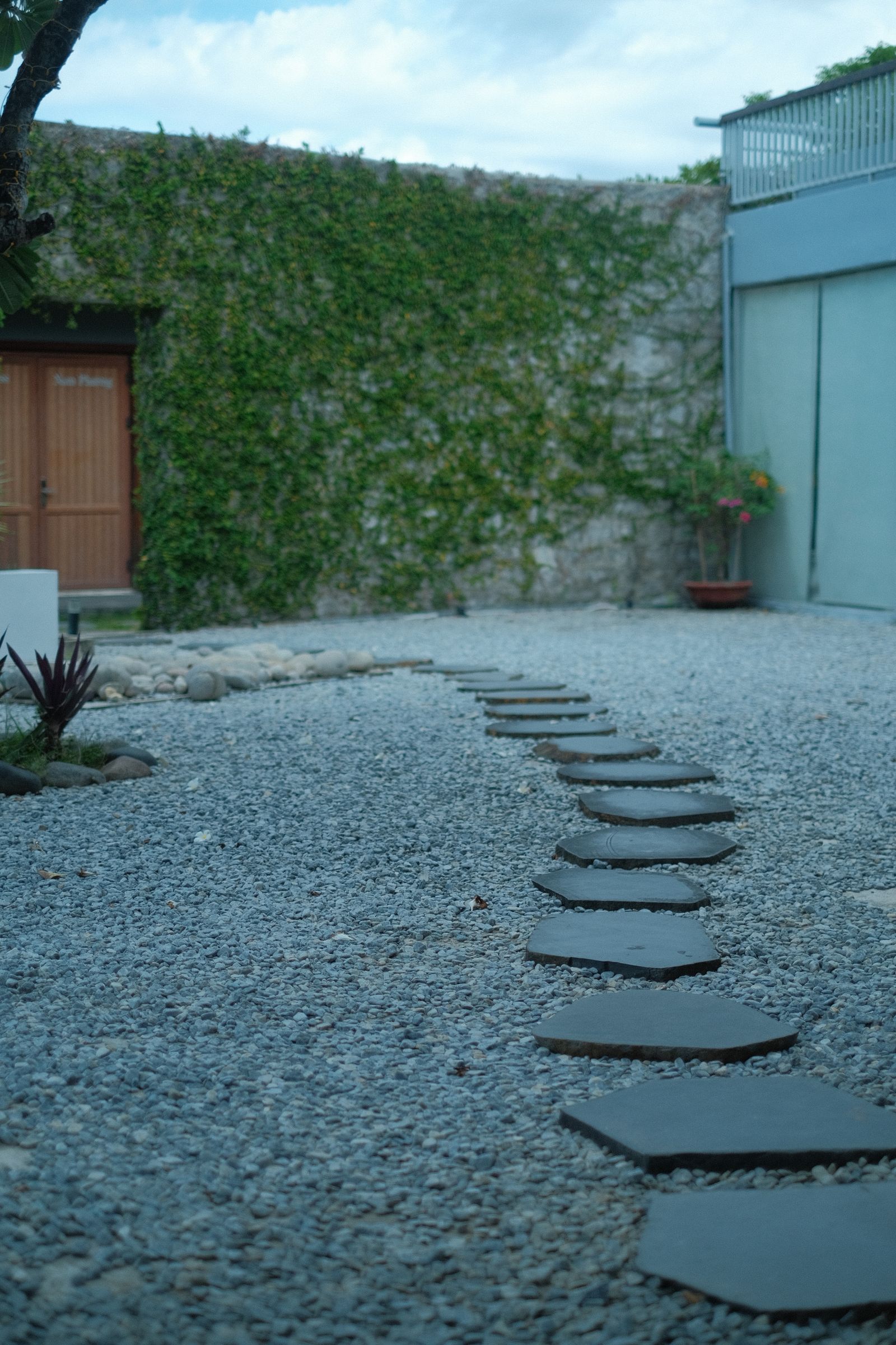 Stepping stone garden path set in gravel between green plantings